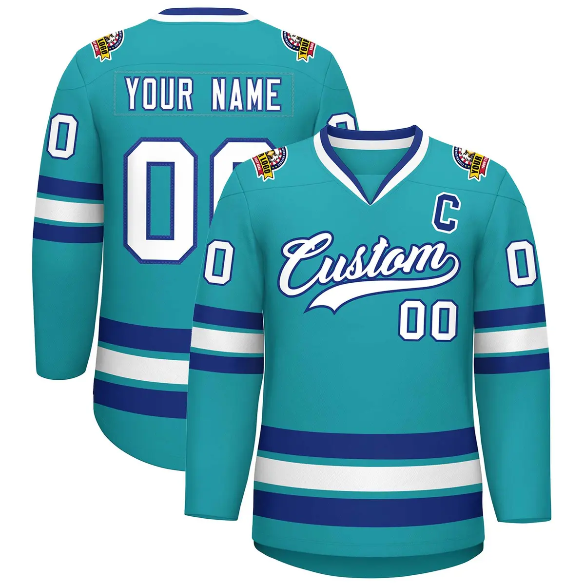 Aqua White-Royal Classic Style Hockey Jersey