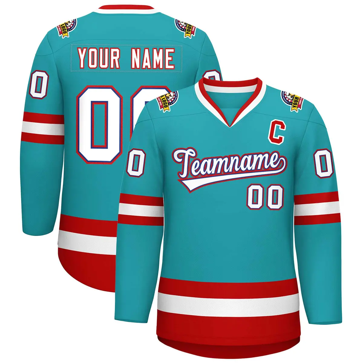 Aqua White Royal-Red Classic Style Hockey Jersey