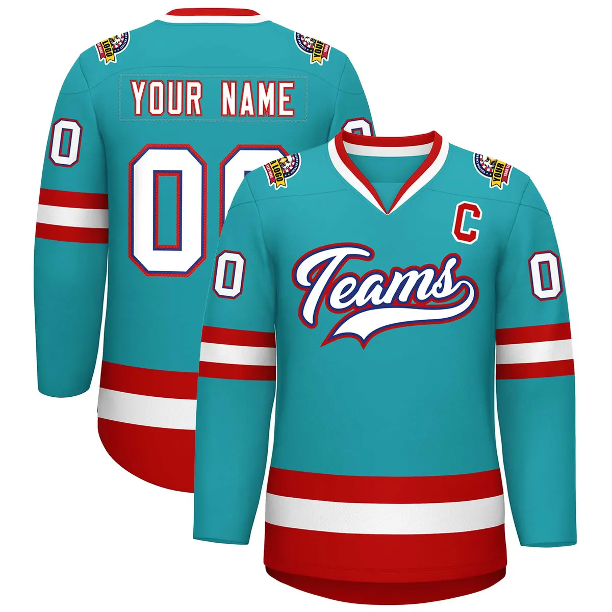 Aqua White Royal-Red Classic Style Hockey Jersey