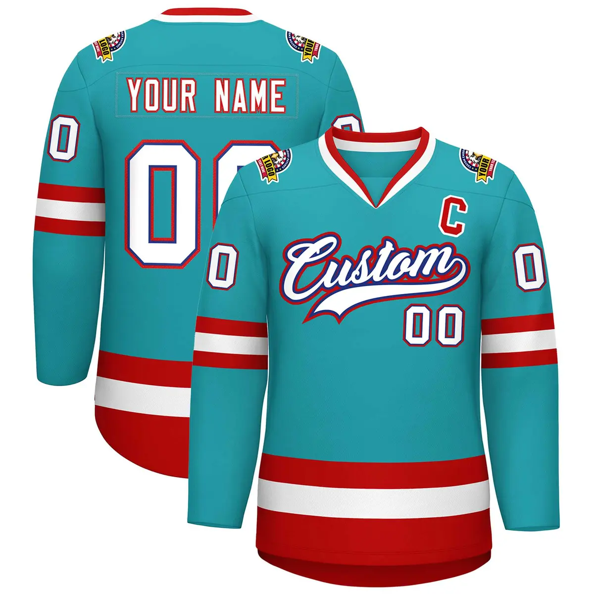 Aqua White Royal-Red Classic Style Hockey Jersey