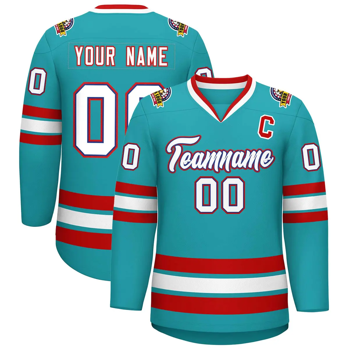 Aqua White Royal-Red Classic Style Hockey Jersey