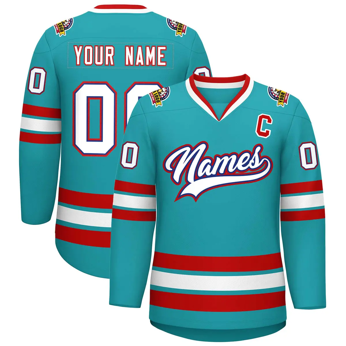 Aqua White Royal-Red Classic Style Hockey Jersey