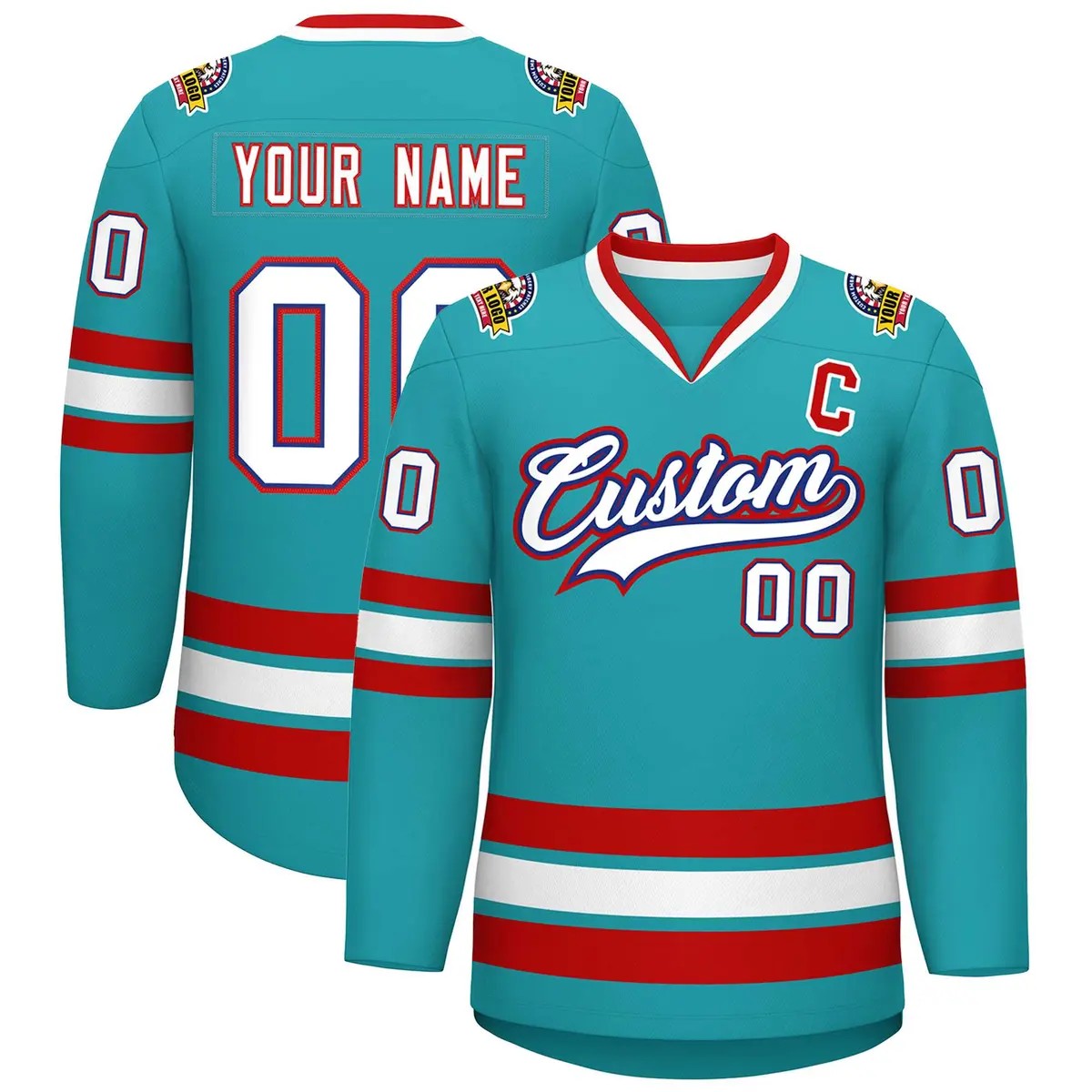Aqua White Royal-Red Classic Style Hockey Jersey