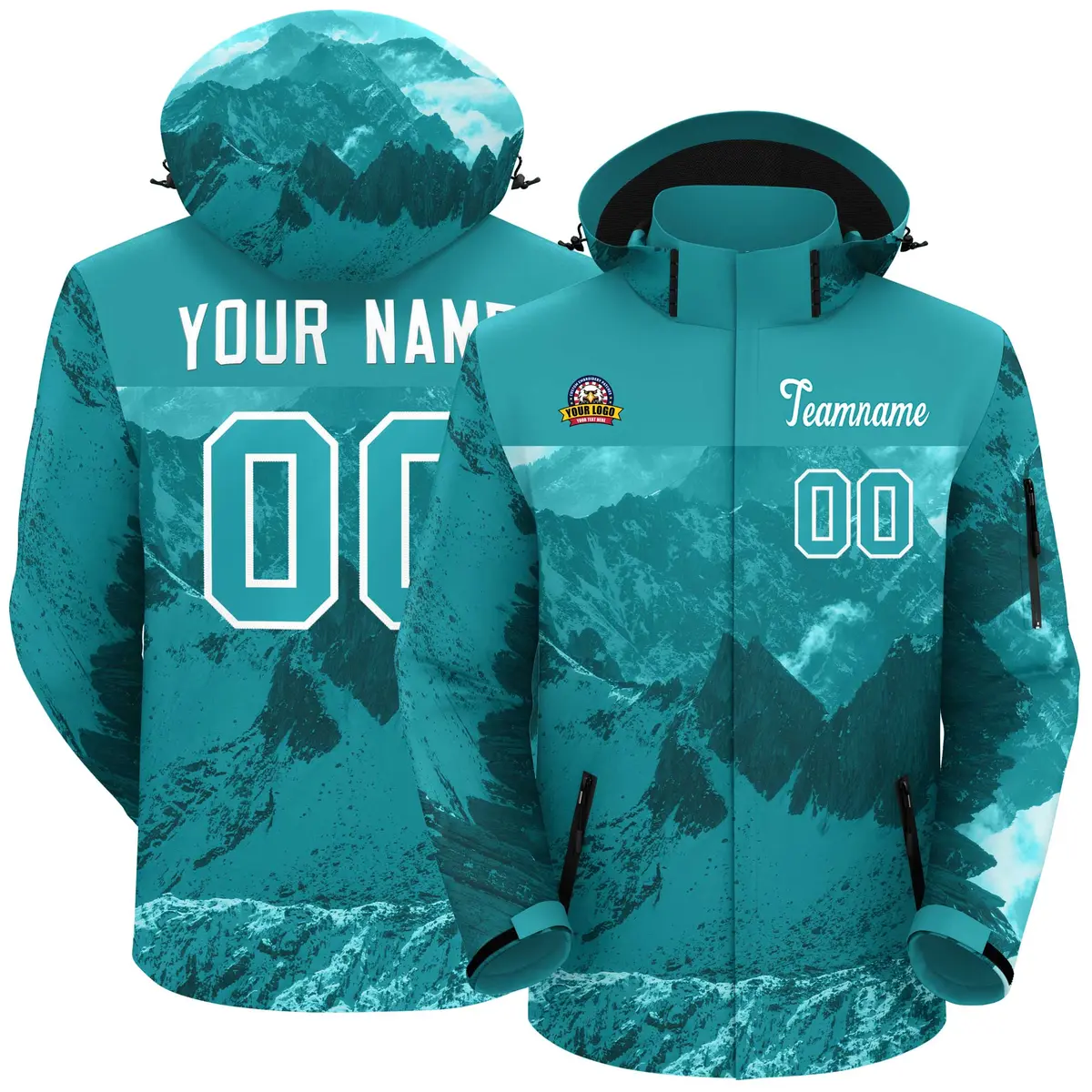 Aqua White Snow Mountain Graffiti Hooded Waterproof Jacket