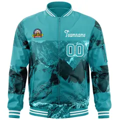 Aqua White Snow Mountain Varsity Full-Zip Letterman Bomber Jacket 3