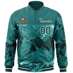 Aqua White Snow Mountain Varsity Full-Zip Letterman Bomber Jacket 3
