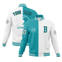 Aqua White Split Letterman Varsity Full-Snap Baseball Jacket 1