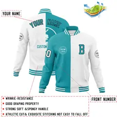 Aqua White Split Letterman Varsity Full-Snap Baseball Jacket 4