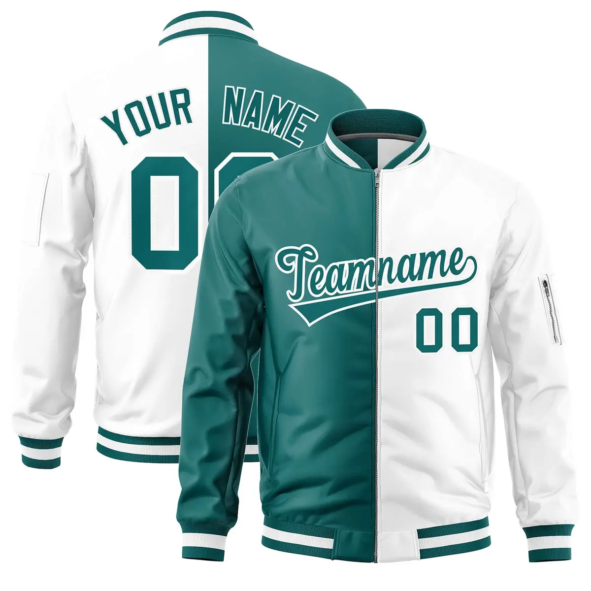 Aqua White Split Varsity Full-Zip Letterman Bomber Jacket
