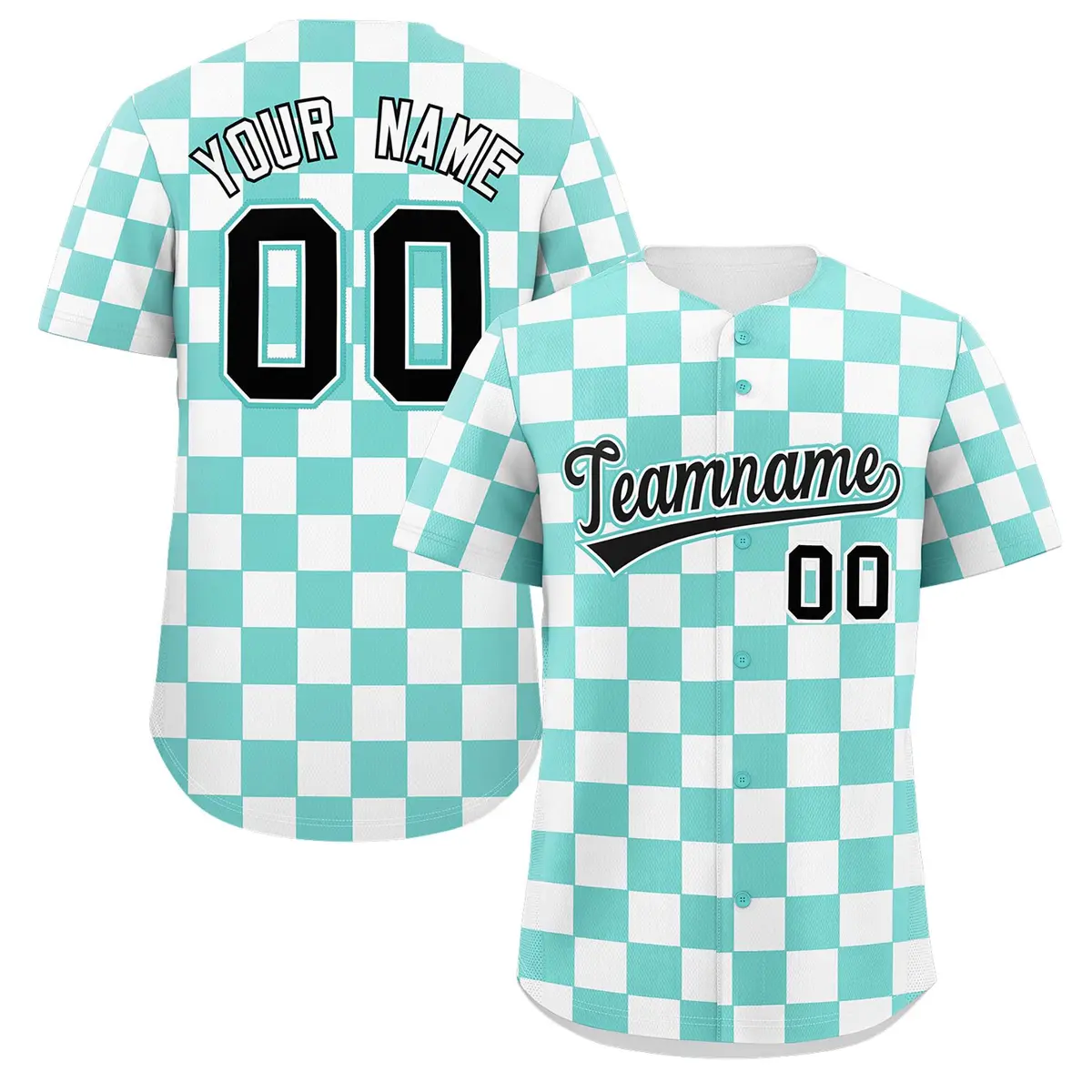 Aqua White Square Grid Color Block Authentic Baseball Jersey