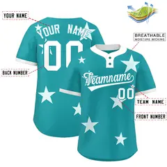 Aqua White Star Graffiti Two-Button Baseball Jersey 2