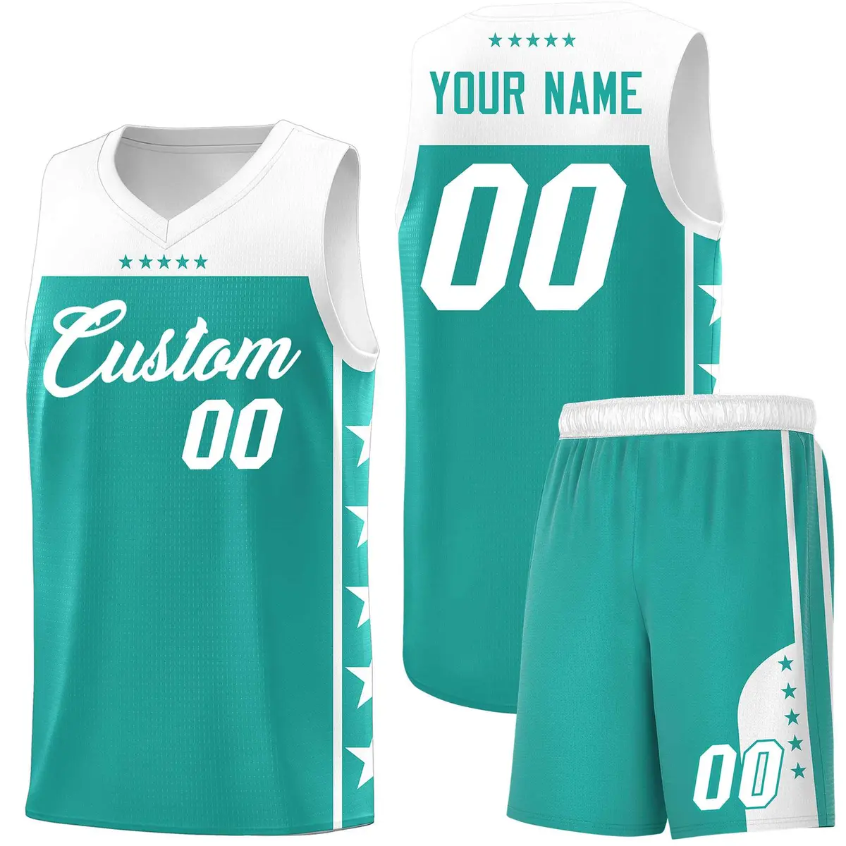 Aqua White Star Pattern Team Basketball Jersey