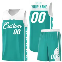 Aqua White Star Pattern Team Basketball Jersey 1