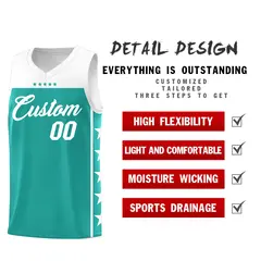 Aqua White Star Pattern Team Basketball Jersey 3