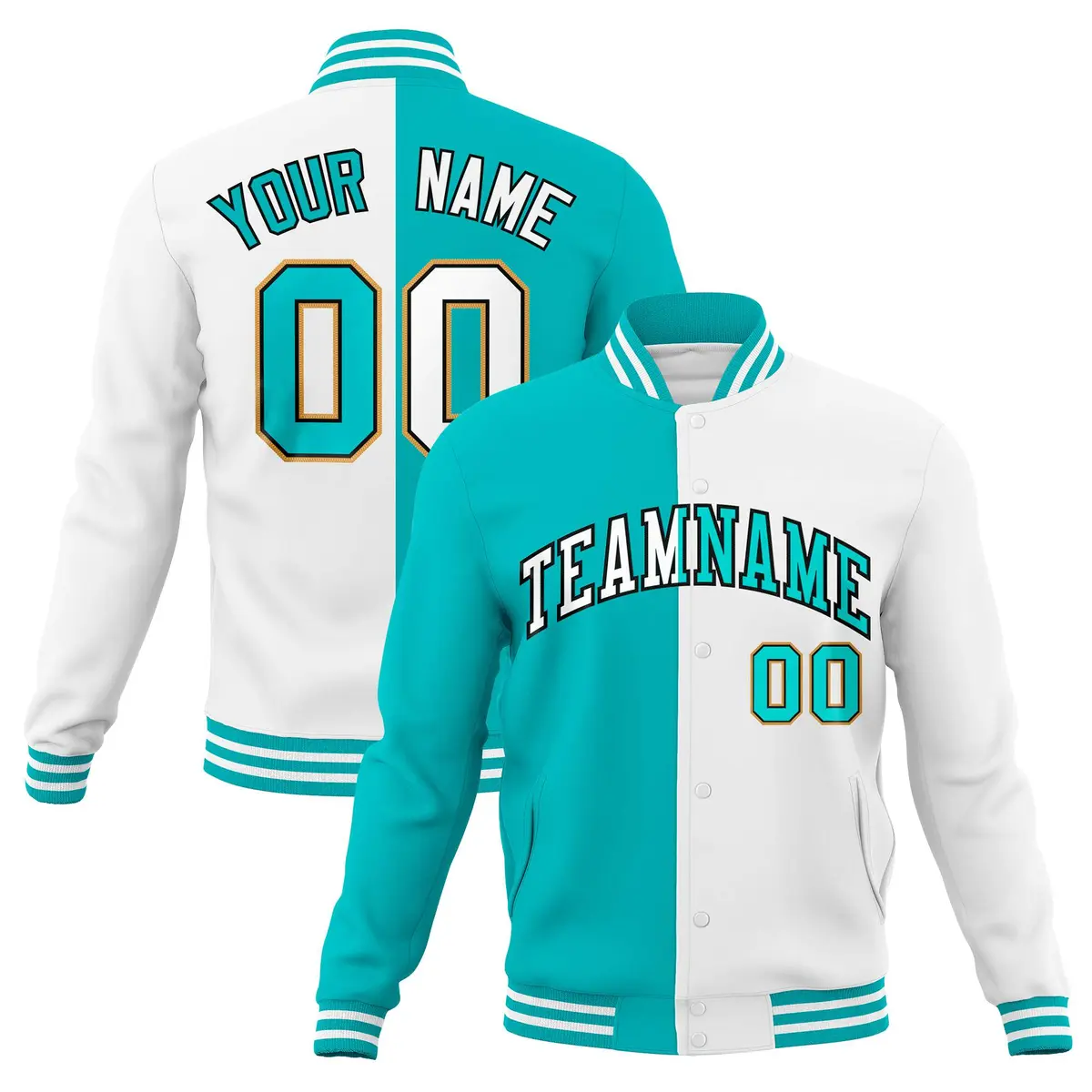 Aqua White Two Tone Split Varsity Full-Snap Letterman Jacket