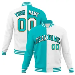 Aqua White Two Tone Split Varsity Full-Snap Letterman Jacket