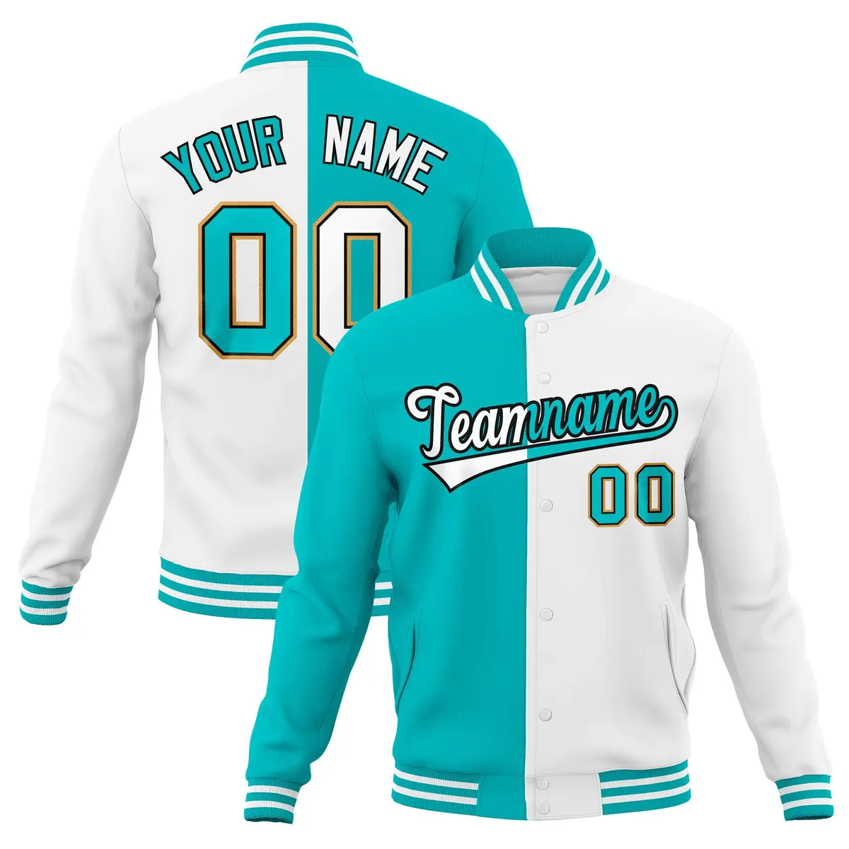 Aqua White Two Tone Split Varsity Full-Snap Letterman Jacket