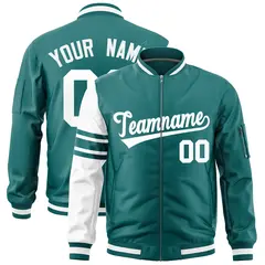 Aqua White Varsity Full-Zip Raglan Stripe Letterman Bomber Jacket 1
