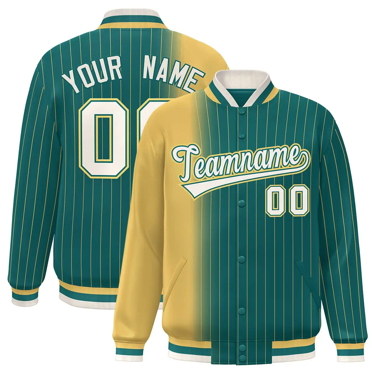Aqua Yellow Gradient Pinstripe Full-Snap Varsity Letterman Baseball Jacket
