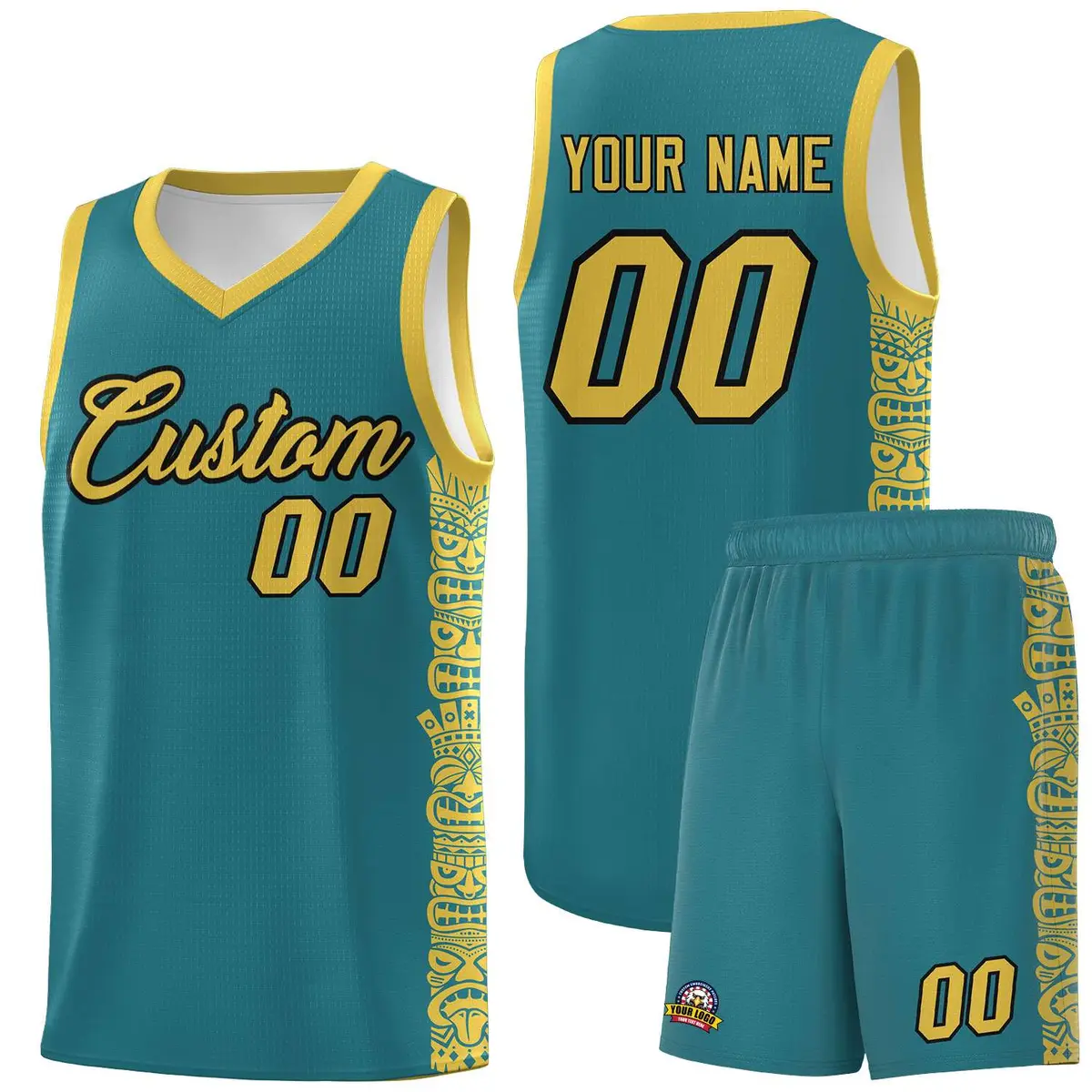 Aqua Yellow Indians Pattern Basketball Uniform Jersey