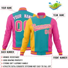 Aqua Yellow Pink Three Color Block Varsity Letterman Jacket 2