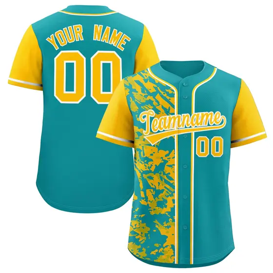 Aqua Yellow Split Graffiti Raglan Sleeve Baseball Jersey