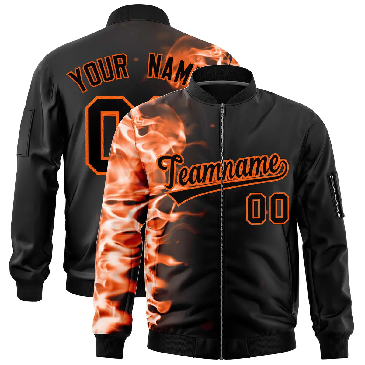 Black 3D Flame Full-Zip Varsity Letterman Bomber Jacket