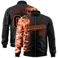 Black 3D Flame Full-Zip Varsity Letterman Bomber Jacket
