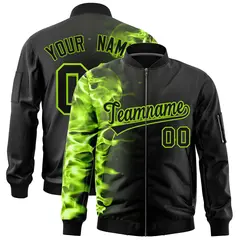 Black 3D Flame Full-Zip Varsity Letterman Bomber Jacket