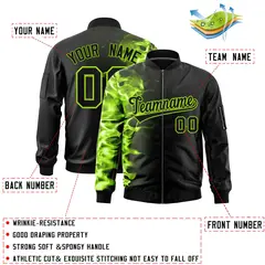 Black 3D Flame Full-Zip Varsity Letterman Bomber Jacket 2