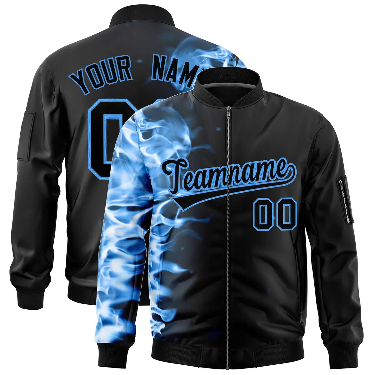 Black 3D Flame Full-Zip Varsity Letterman Bomber Jacket