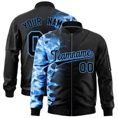 Black 3D Flame Full-Zip Varsity Letterman Bomber Jacket