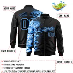 Black 3D Flame Full-Zip Varsity Letterman Bomber Jacket 2