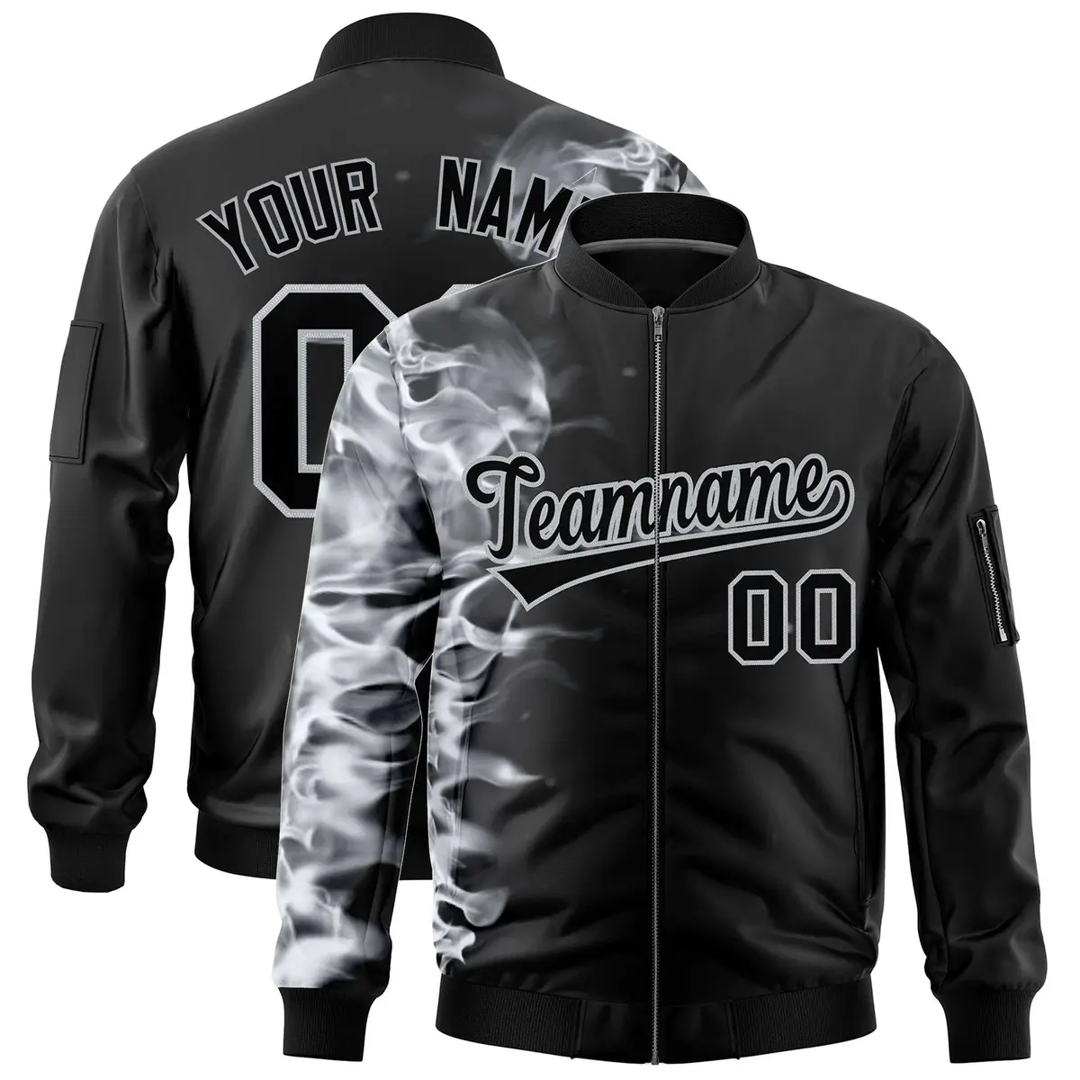 Black 3D Flame Full-Zip Varsity Letterman Bomber Jacket