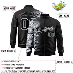 Black 3D Flame Full-Zip Varsity Letterman Bomber Jacket 2