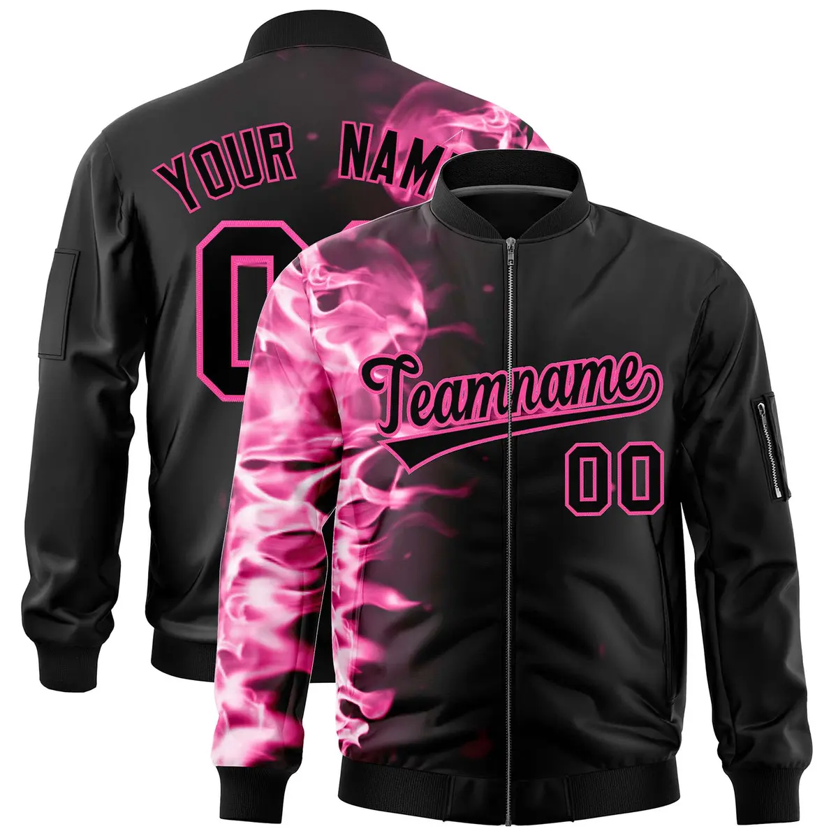 Black 3D Flame Full-Zip Varsity Letterman Bomber Jacket