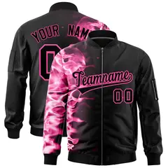 Black 3D Flame Full-Zip Varsity Letterman Bomber Jacket
