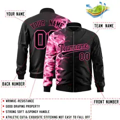 Black 3D Flame Full-Zip Varsity Letterman Bomber Jacket 2