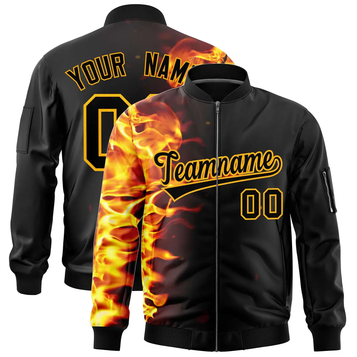Black 3D Flame Full-Zip Varsity Letterman Bomber Jacket