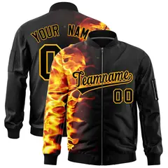 Black 3D Flame Full-Zip Varsity Letterman Bomber Jacket