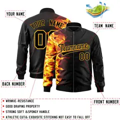 Black 3D Flame Full-Zip Varsity Letterman Bomber Jacket 2