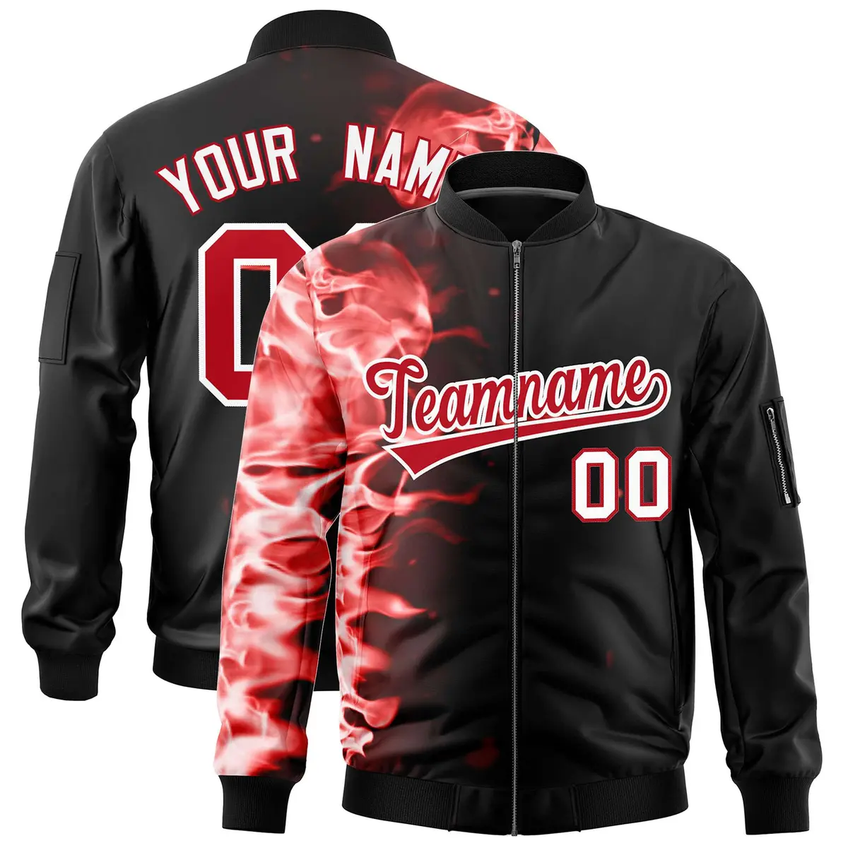 Black 3D Flame Full-Zip Varsity Letterman Bomber Jacket
