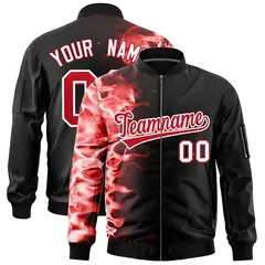 Black 3D Flame Full-Zip Varsity Letterman Bomber Jacket 1
