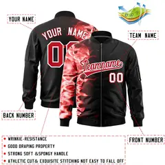 Black 3D Flame Full-Zip Varsity Letterman Bomber Jacket 2
