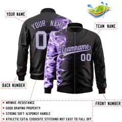 Black 3D Flame Full-Zip Varsity Letterman Bomber Jacket 2
