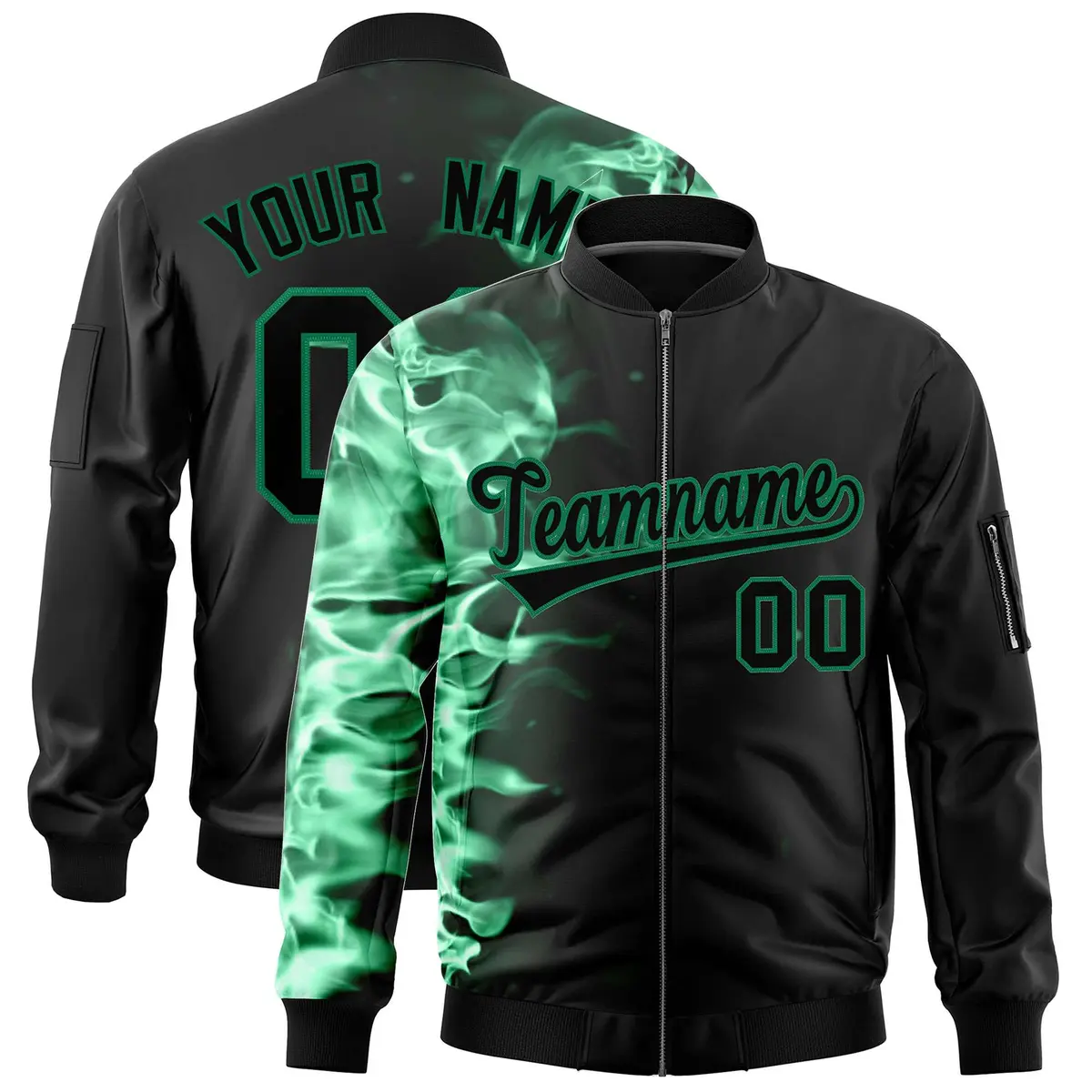 Black 3D Flame Full-Zip Varsity Letterman Bomber Jacket