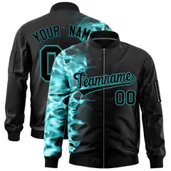 Black 3D Flame Full-Zip Varsity Letterman Bomber Jacket 1