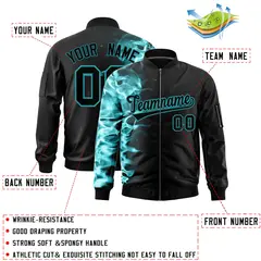 Black 3D Flame Full-Zip Varsity Letterman Bomber Jacket 2