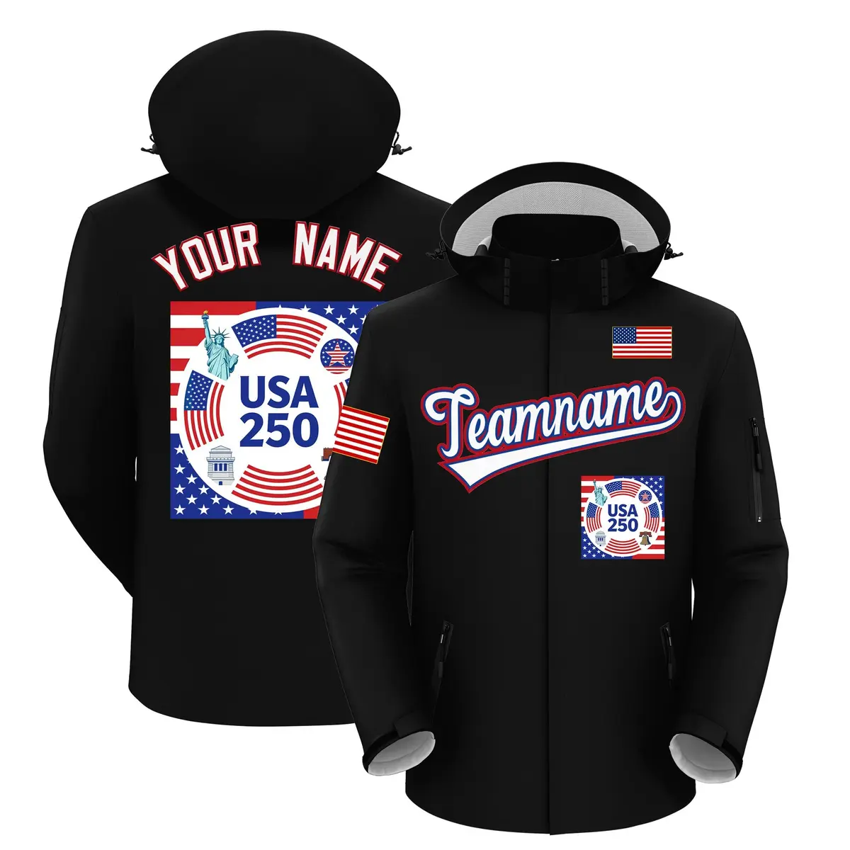 Black American Flag Independence Day Waterproof Jacket