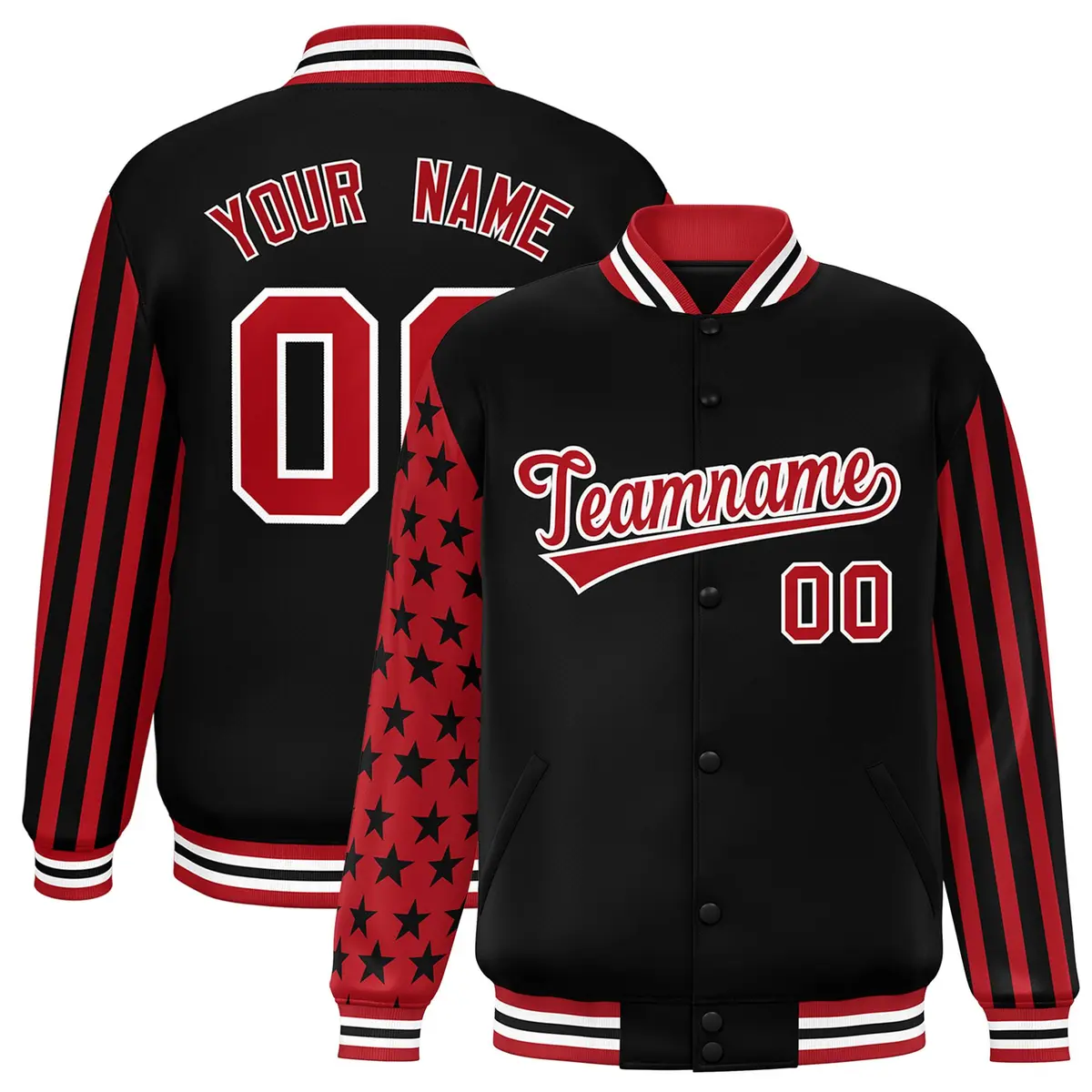 Black American Flag Varsity Full-Snap Raglan Letterman Bomber Jacket